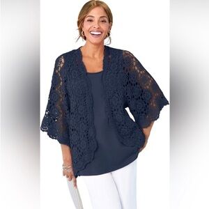 Jessica London Plus Size Navy Blue Open Crotchet Cardigan Sweater 3X Grannycore